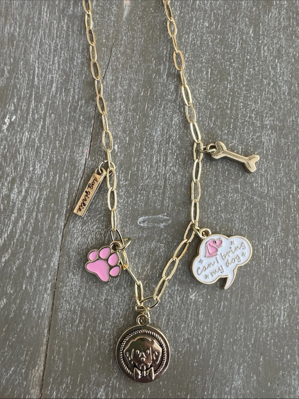 Gold-tone Dog Charm Necklace with Pink Paw